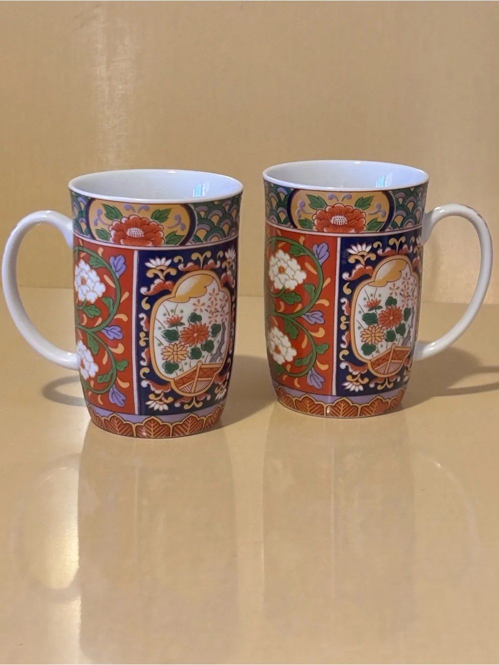 Set of 2 Multicolored Japanese Floral Ceramic Coffee Mugs